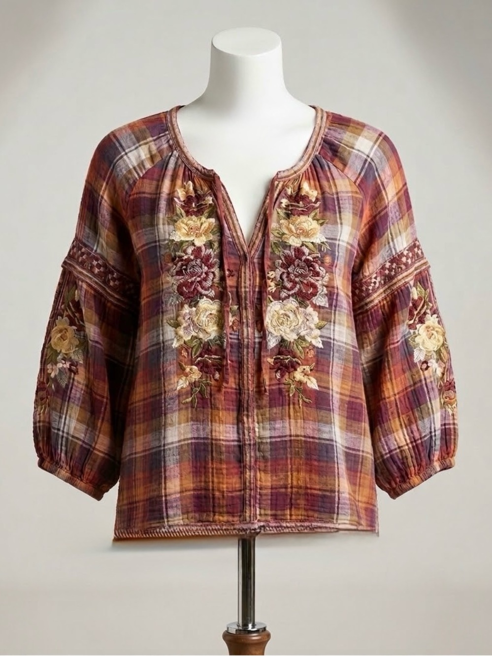 Johnny Was Workshop XL Embroidered Plaid Gauze Blouse Fall Boho Peasant Top